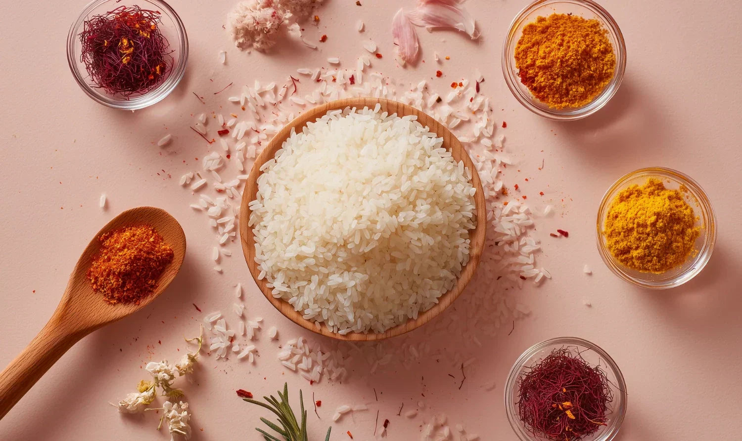 Image d'un bol de riz pour paella avec des épices pour paella Flaavup® à côté