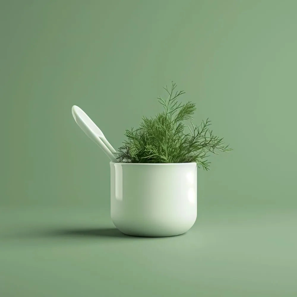 Pot design avec un bouquet d'aneth posé à l'intérieur