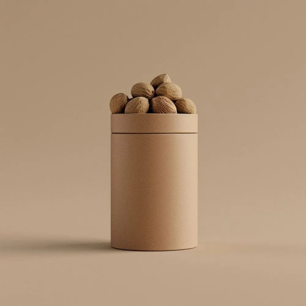 Pot en carton rempli avec des noix de muscade