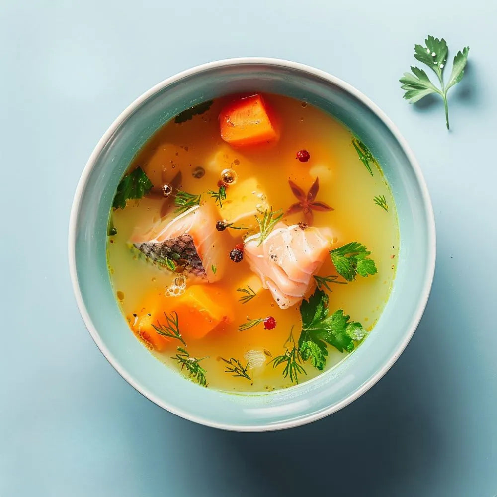 Ambiance cuisine avec une soupe de poisson cuisinée avec le mélange d'épices poisson