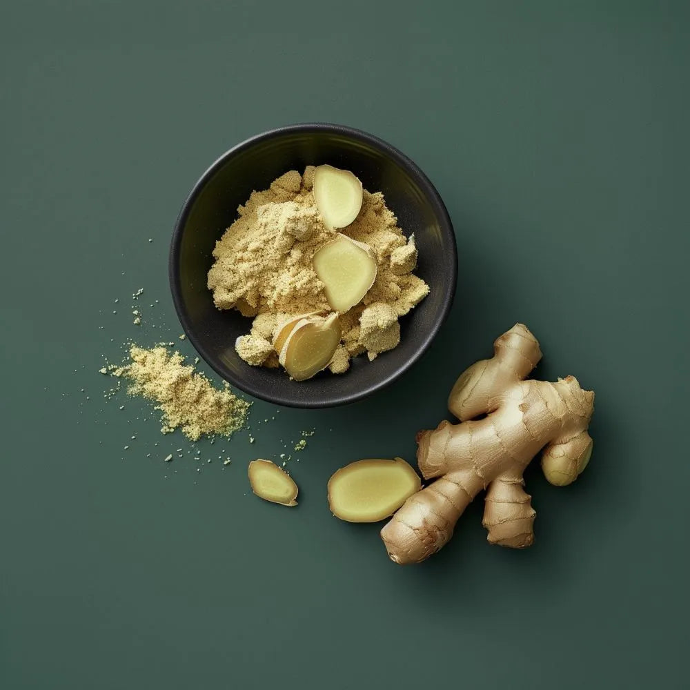 Bol rempli de gingembre moulu placé à côté de racines de gingembre