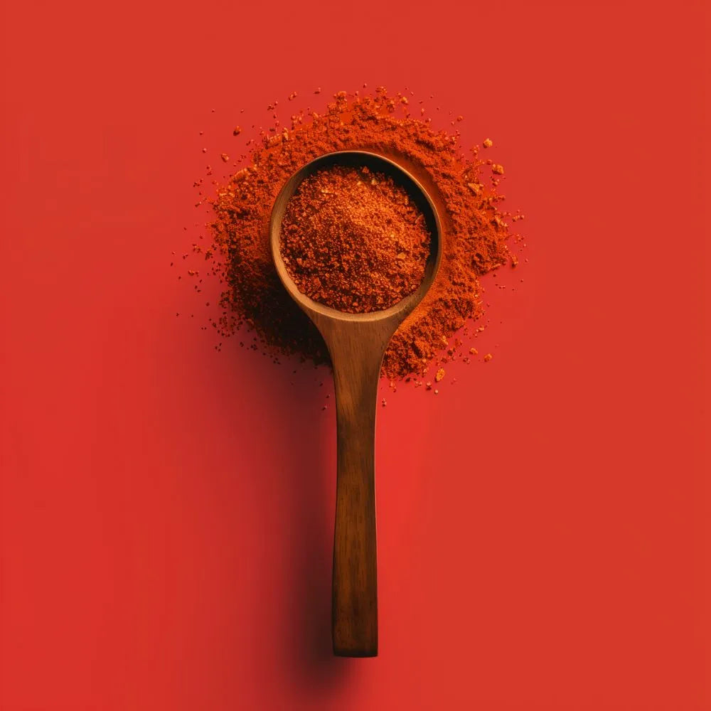 Cuillère de cuisine en bois remplie de chili en poudre