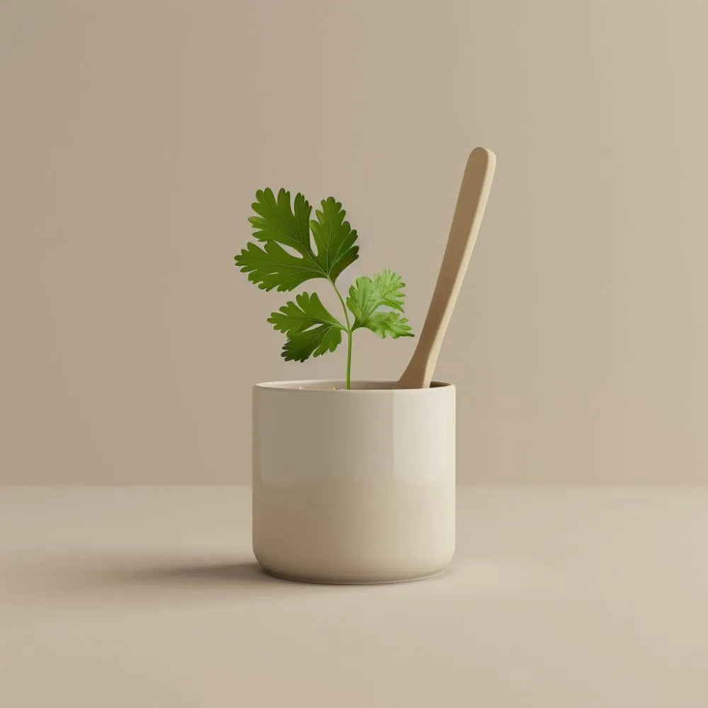 Pot avec de la coriandre fraîche qui déborde légèrement