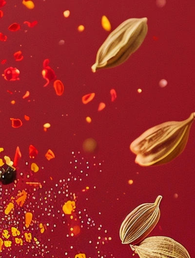 Image de couverture montrant une épice en poudre et des épices en grains en lévitation avec un fond rouge