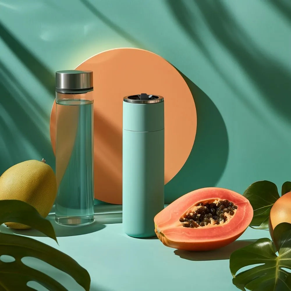 Ambiance infusion avec un thermos d'infusion et une papaye tranchée à côté