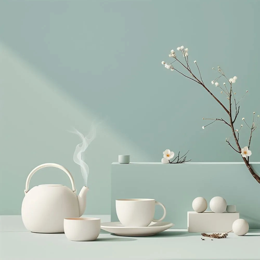 Ambiance automnale avec une théière blanche remplie d'infusion crème fruitée sur un fond de couleur bleu-gris