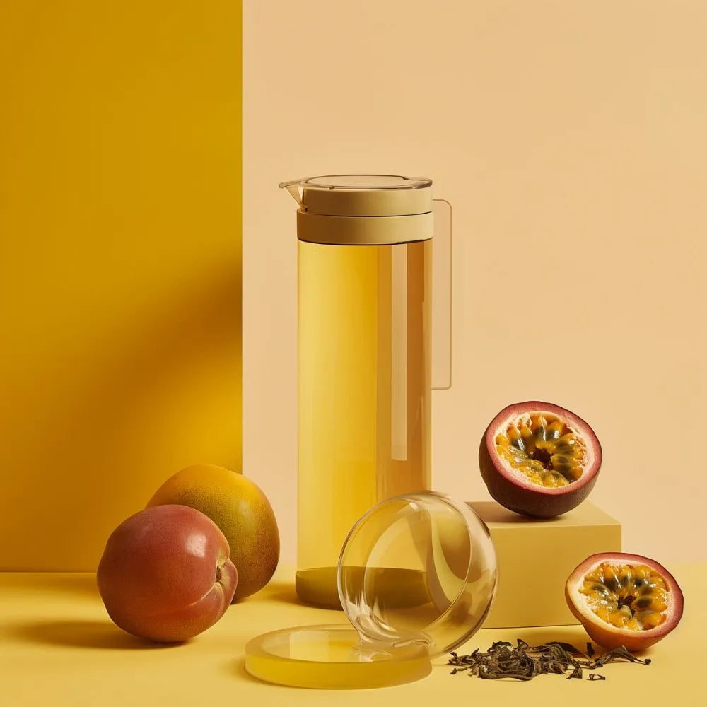 Ambiance avec des fruits de la passion et un thermos rempli de thé Sencha exotique