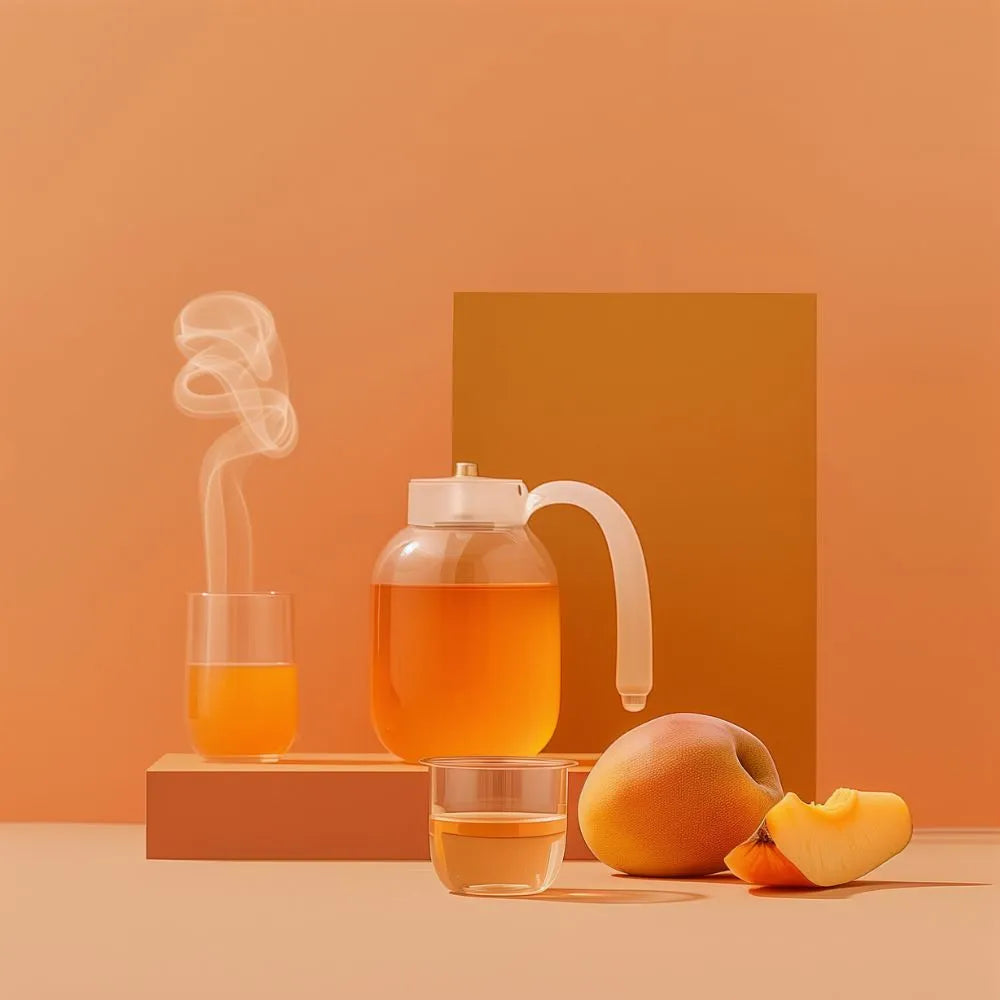 Ambiance thé à la mangue floral avec une théière remplie de thé et une mangue coupée