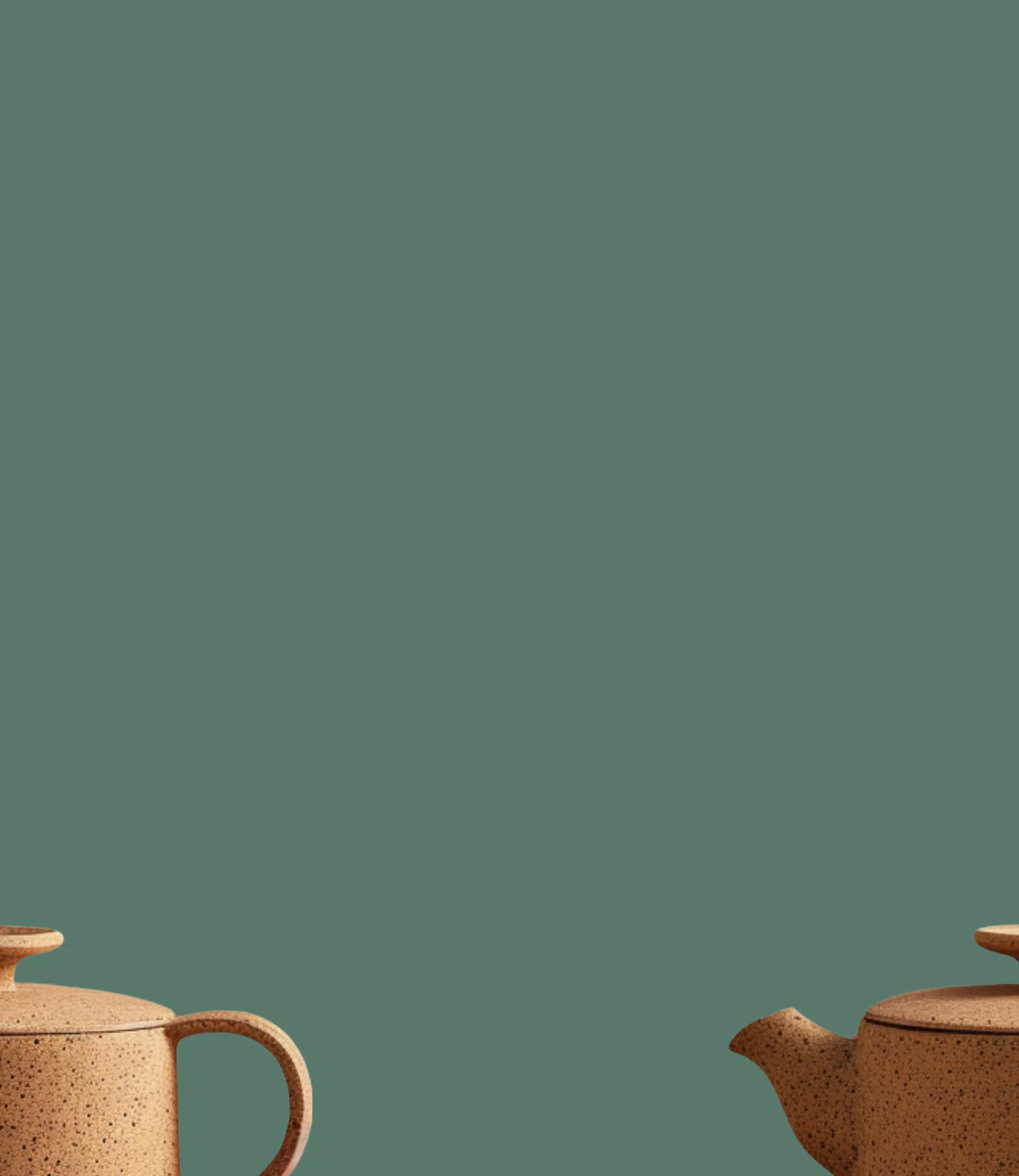 Image d'une théière pour thé moderne en grès de couleur beige coupée en deux avec un fond vert