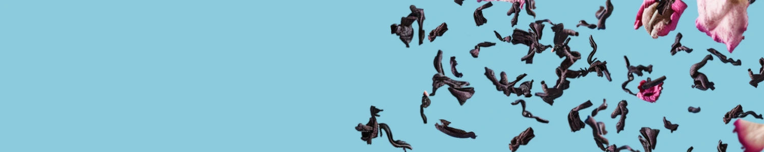 Image de couverture montrant du thé noir séché et des pétales de rose séchés en lévitation