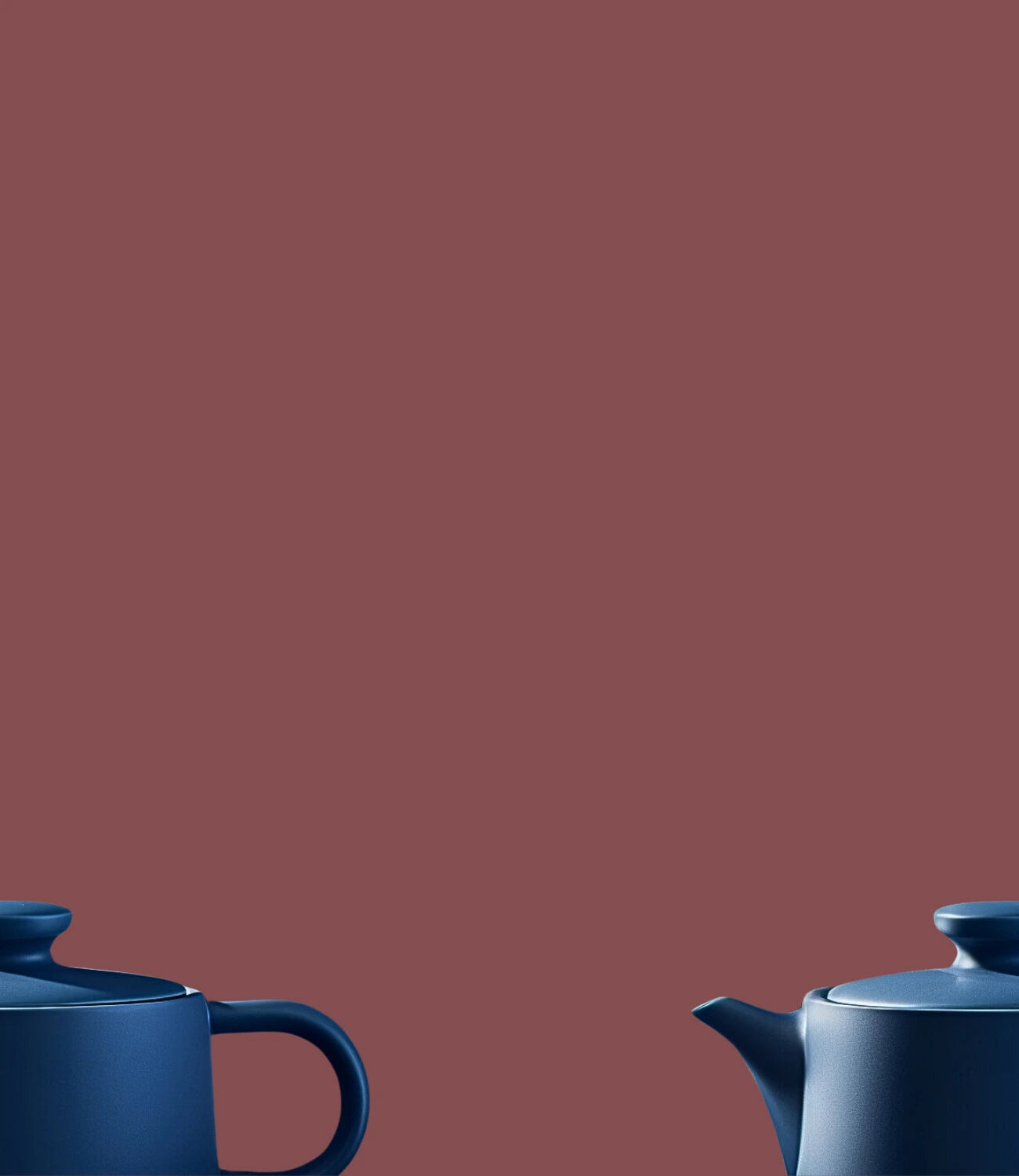 Image d'une théière moderne à rooibos coupée en deux en métal de couleur bleu avec un fond rouge