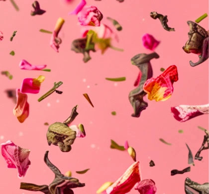 Image de couverture montrant du thé vert séché, des feuilles séchées et des pétales de rose séchés en lévitation