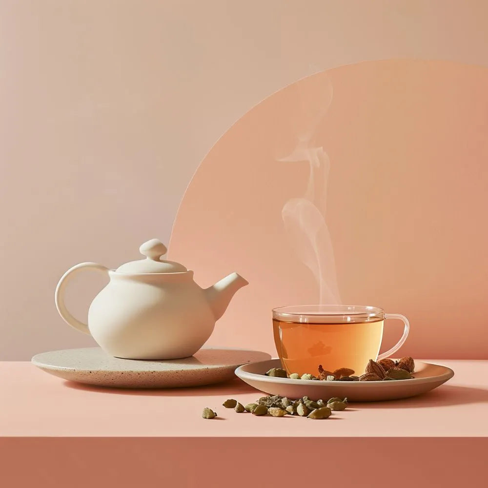 Ambiance avec théière et tasse remplie de tisane après-repas avec des graines de cardamome à côté