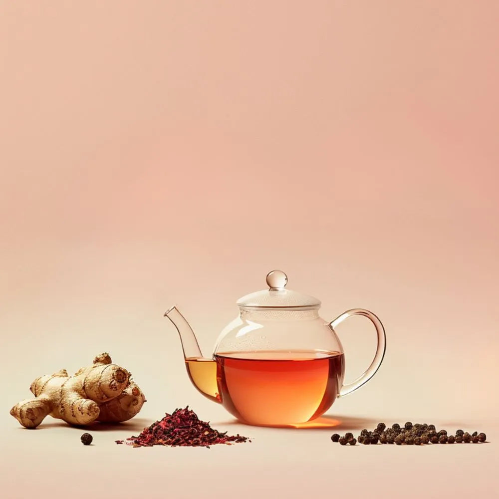 Ambiance théière remplie de tisane jambes lourdes avec du gingembre et des épices à côté