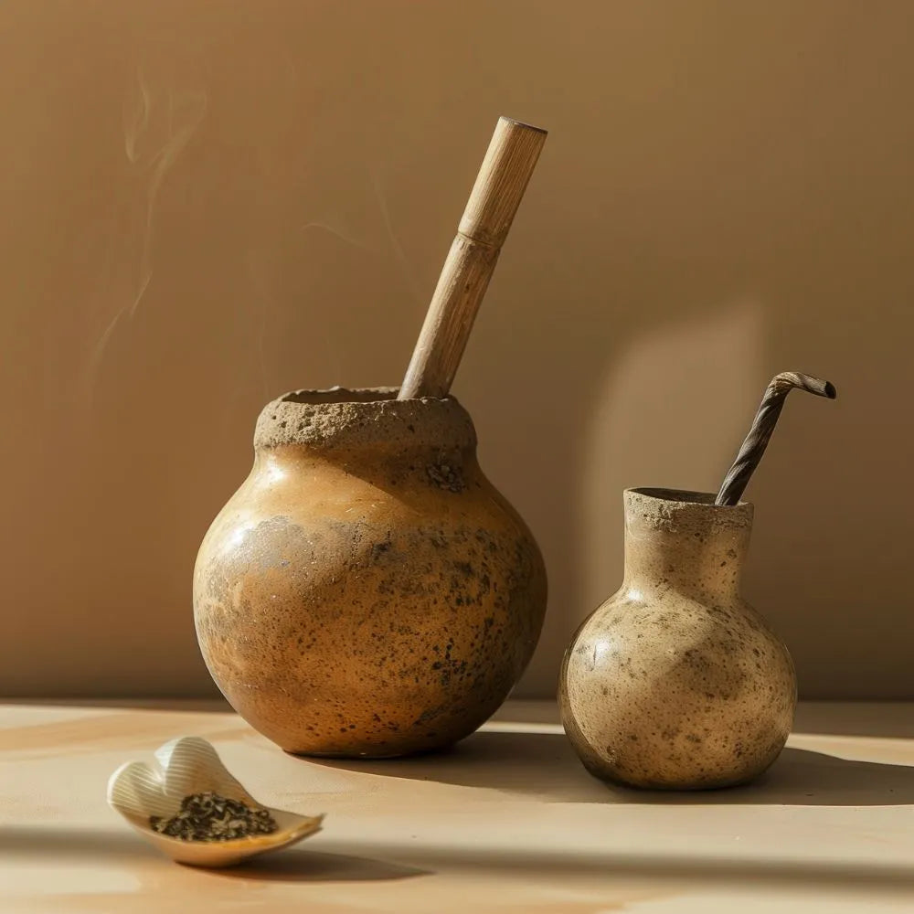 Ambiance avec la une calebasse et avec une bombilla remplie de maté vert