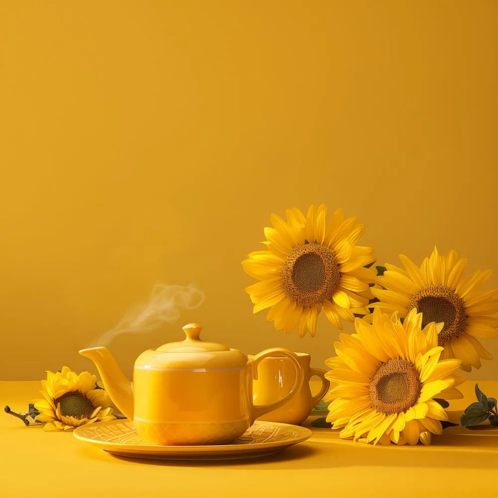 Ambiance théière avec des fleurs de tournesol présentent dans la tisane relaxante