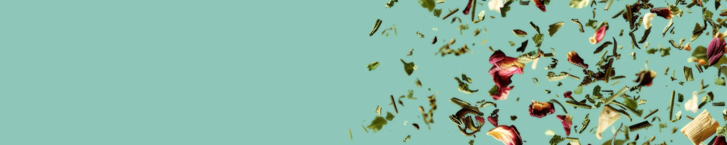 Image de couverture montrant des feuilles séchées pour tisane et des feuilles d'hibiscus rouge séchées en lévitation