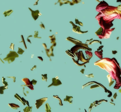 Image de couverture montrant des feuilles séchées pour tisane et des feuilles d'hibiscus rouge séchées en lévitation