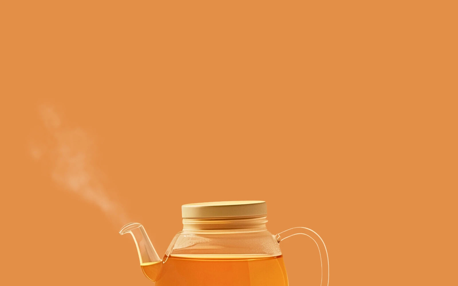 Image d'une théière moderne remplie pour infusions transparente en verre avec un fond orangé