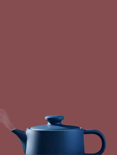 Image d'une théière moderne à rooibos en métal de couleur bleu avec un fond rouge