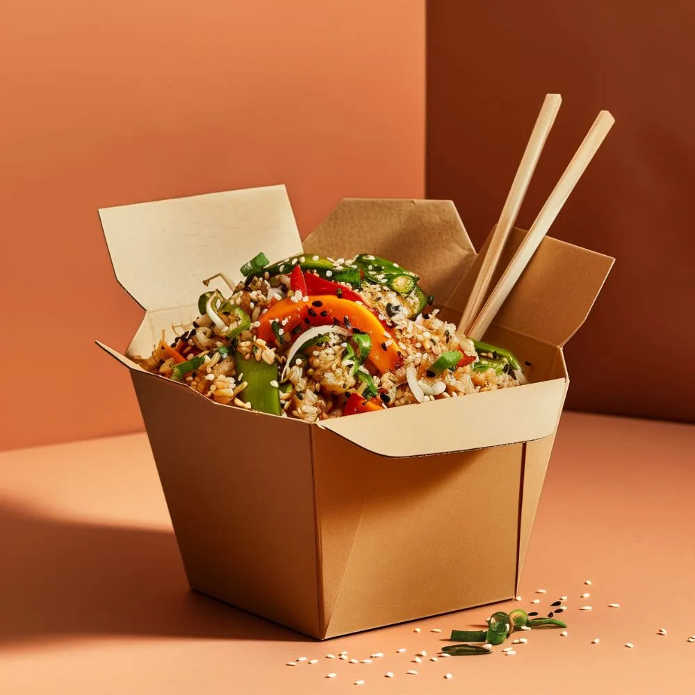 Box rempli de riz sauté avec des graines de sésame