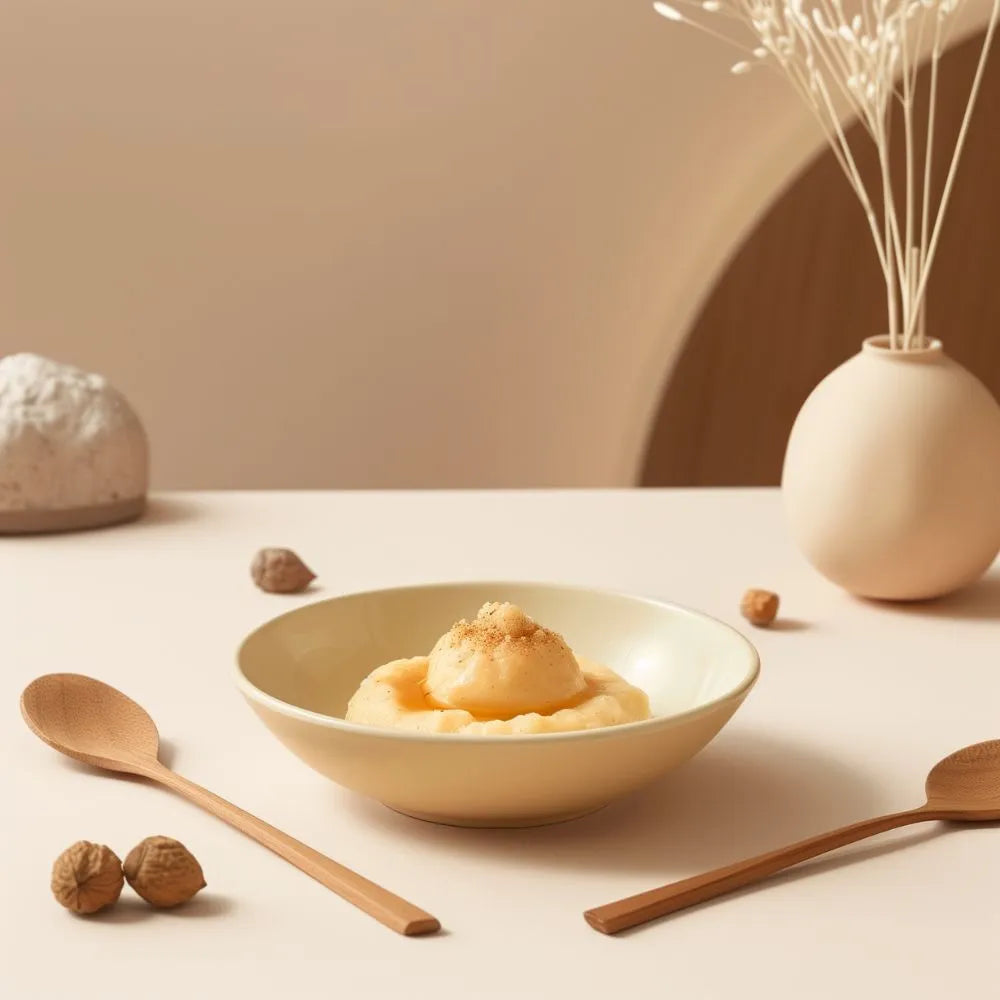 Assiette avec une compote sublimée avec la noix de muscade