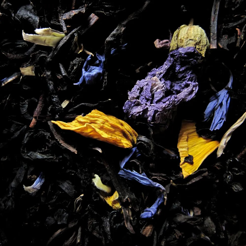 Zoom sur les fleurs et le thé noir du thé mangue floral