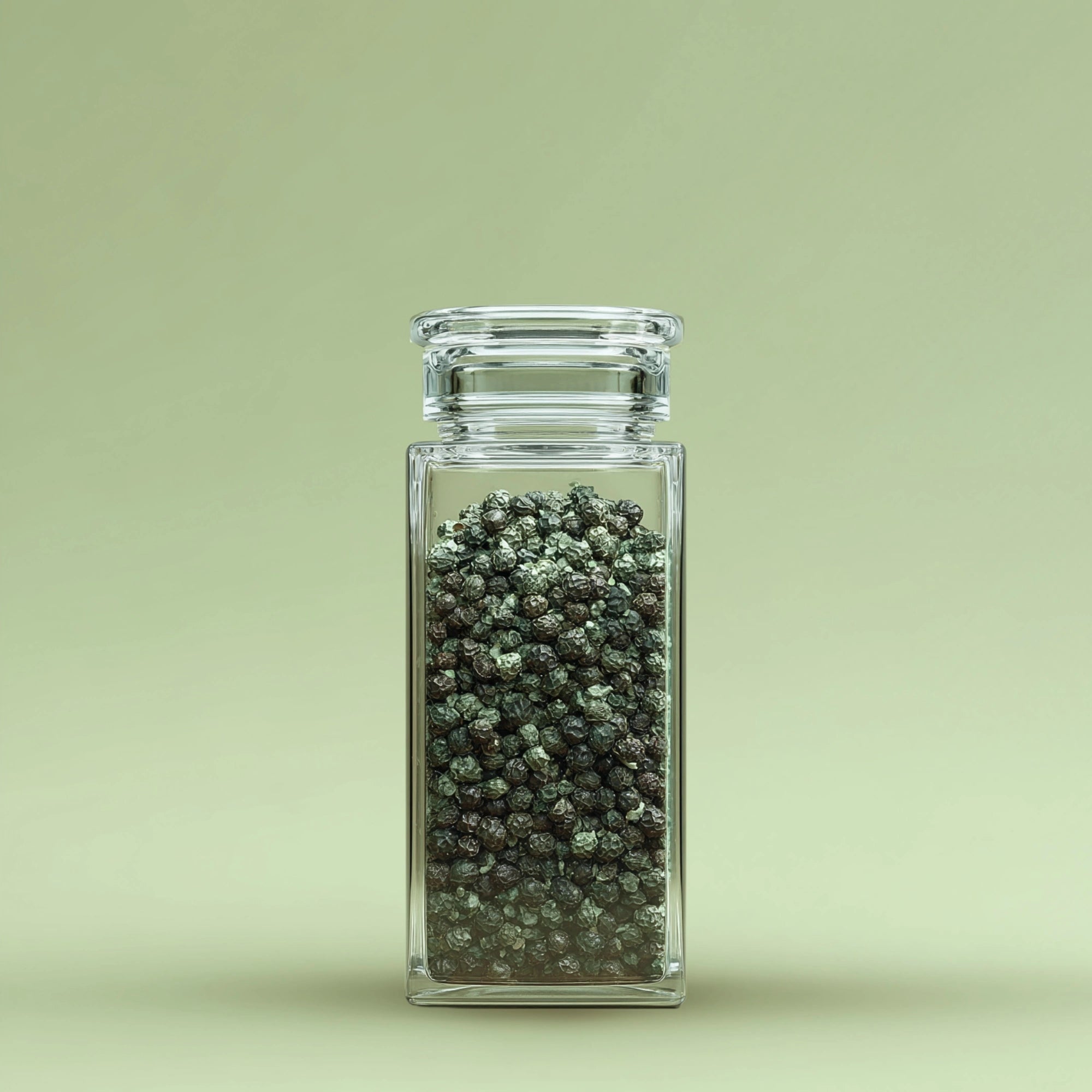 Petit pot en verre design et moderne rempli de grains de poivre vert