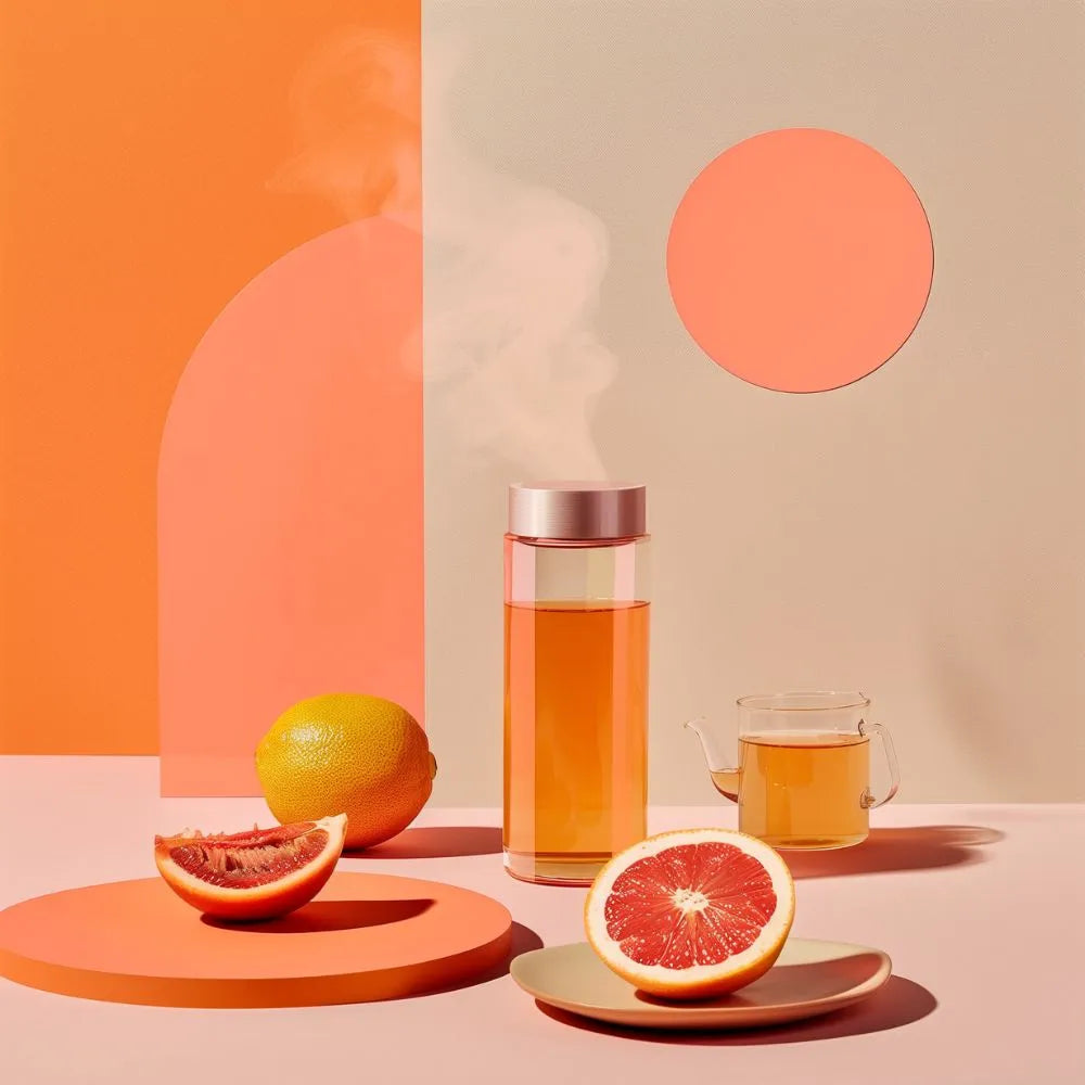 Ambiance thermos rempli d'infusion BLOODY DELIGHT avec une orange sanguine ouverte à côté