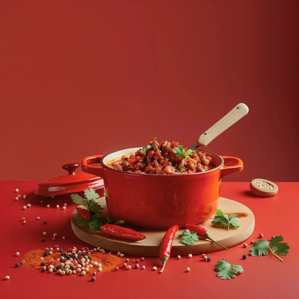 Cocotte remplie de chili con carne réalisé avec le chili en poudre