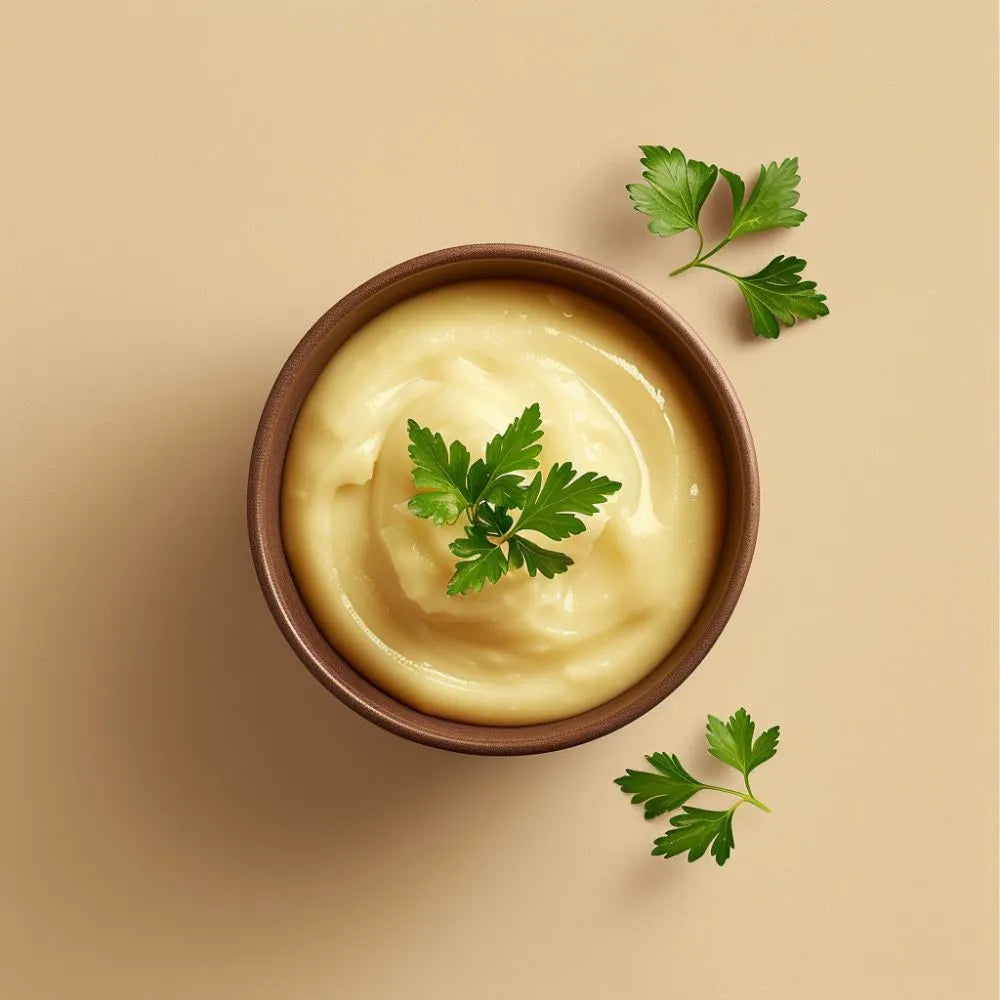 Purée onctueuse dans un bol, relevée de poivre blanc et parsemée de coriandre fraîche