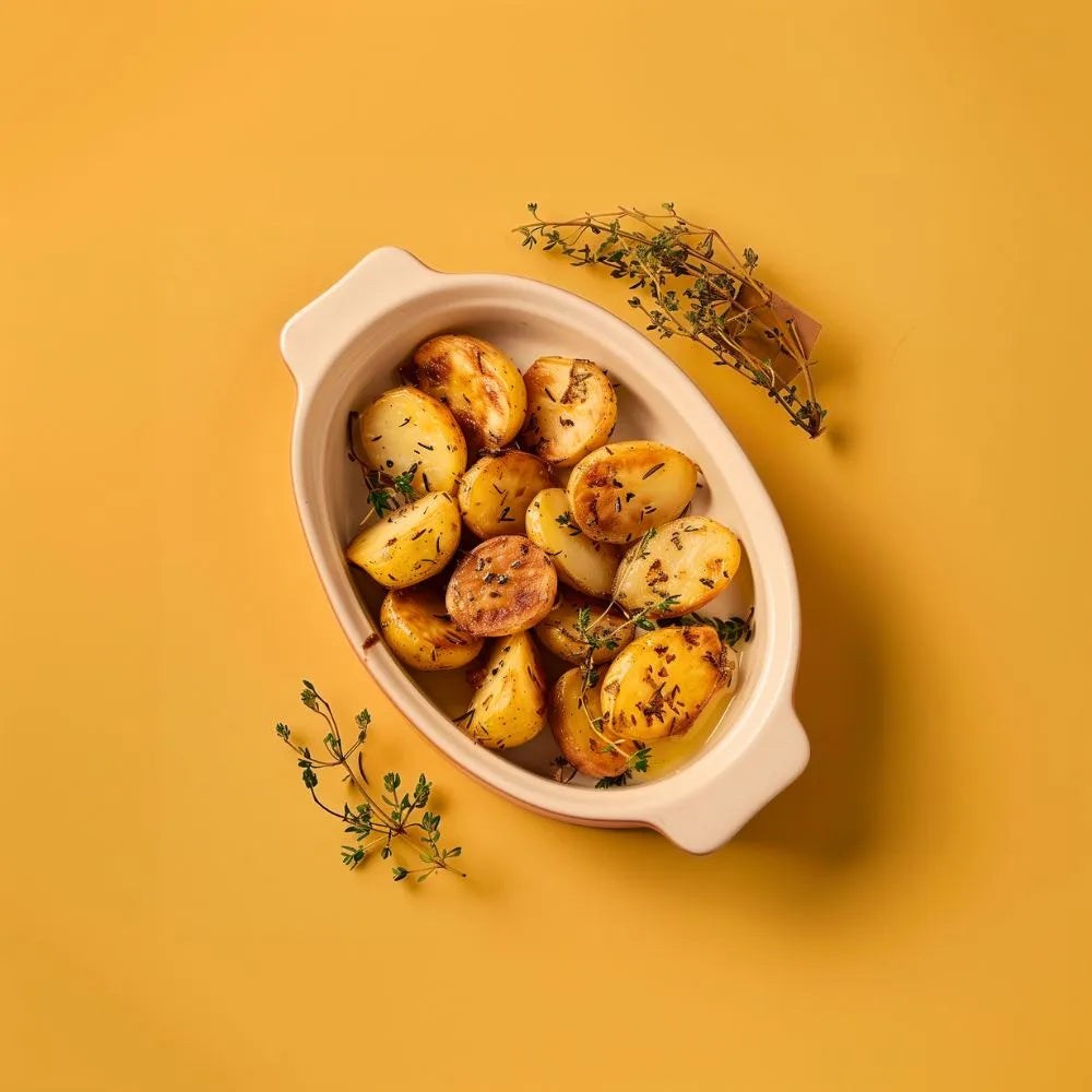 Plat sorti du four rempli de patates recouvertes du mélange d'épices pomme de terre